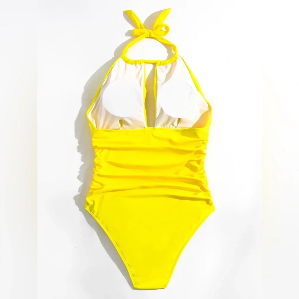 Yellow one piece halter bathers swimsuit - Picture 8 of 10